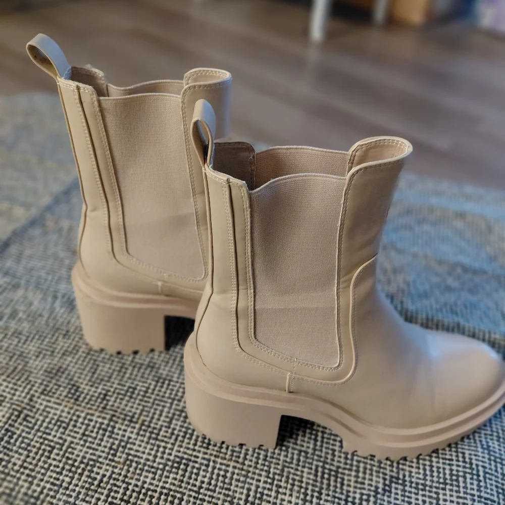 Zara Platform Chunky Mid-Calf Boots 40 Cream/Beige Chelsea Combat Vegan Leather - Picture 5 of 6